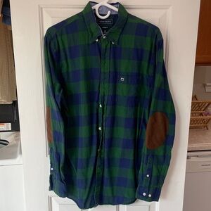 crown & ivy Green and Blue Plaid Shirt with Brown Elbow Patches